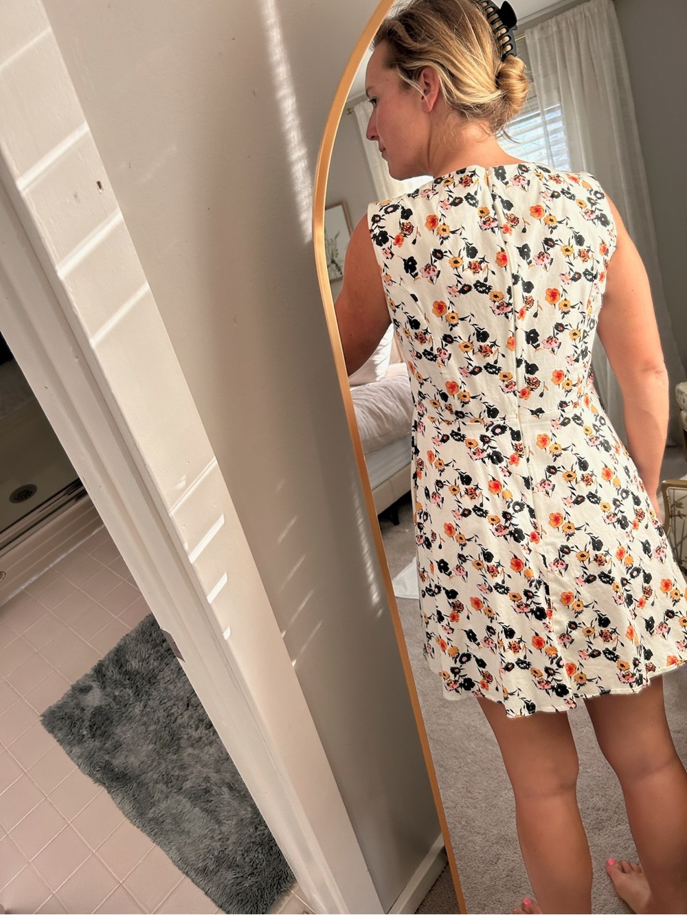 French Connection White Floral Mini Dress with Orange & Black Accents